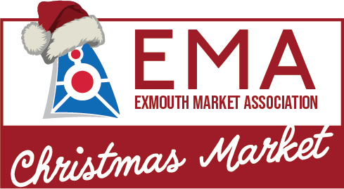 Logo of the Exmouth Market Association (EMA) featuring a Christmas hat, promoting the Christmas Market.